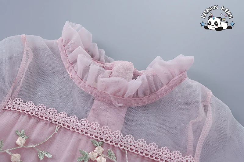 LEZONKIDS - Spring and Autumn New Children's Dress Lace Tulle Embroidery Girl's Puff Sleeve Dress